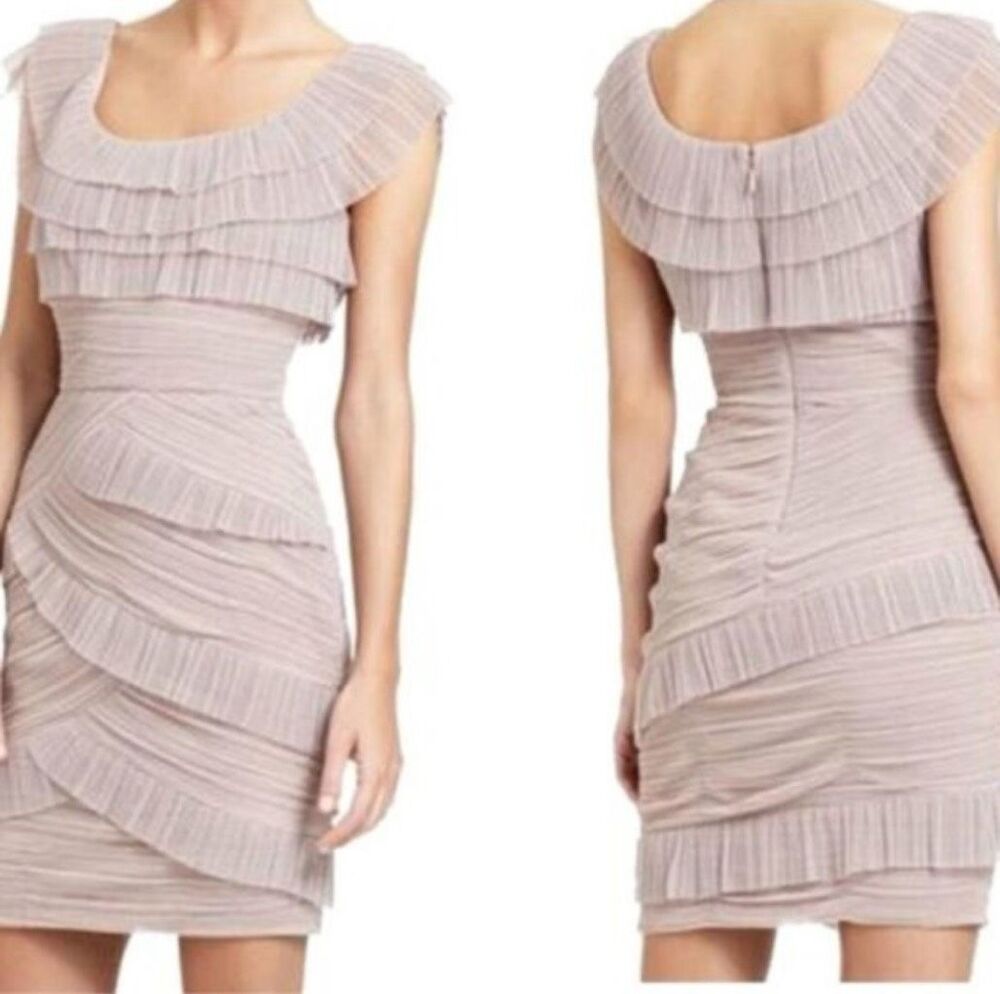 BCBGMaxazria Briana Sepia Mesh Ruffle Pleated Rusched Cocktail Dress $348 0